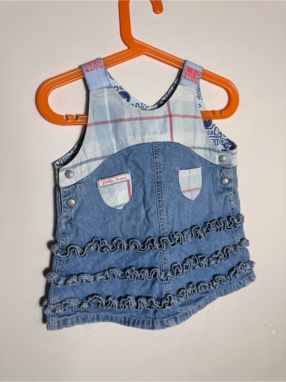 Vintage Oilily Blue Denim Ruffle Jumper Dress with Plaid Accents